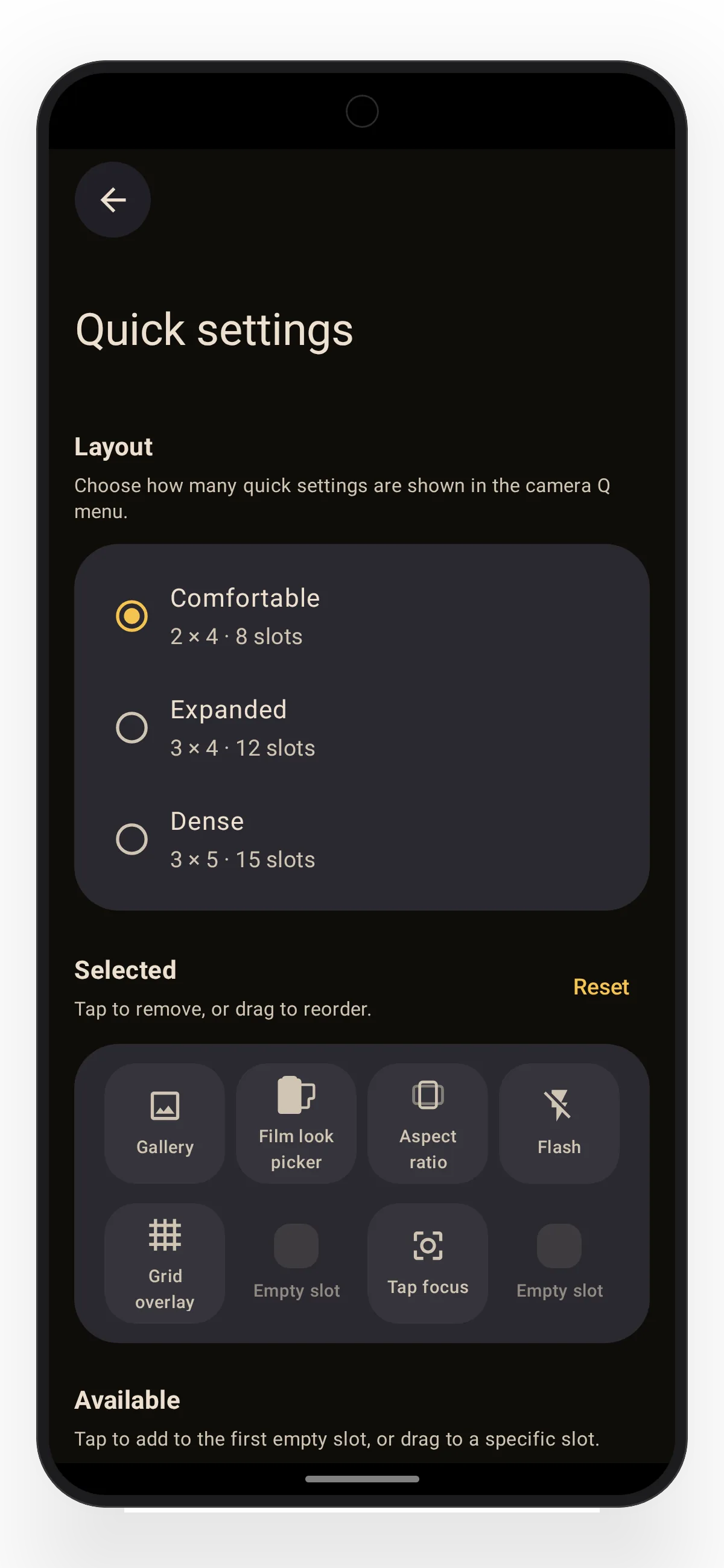 Lvma quick-settings editor showing the controls in a compact Q-panel layout.