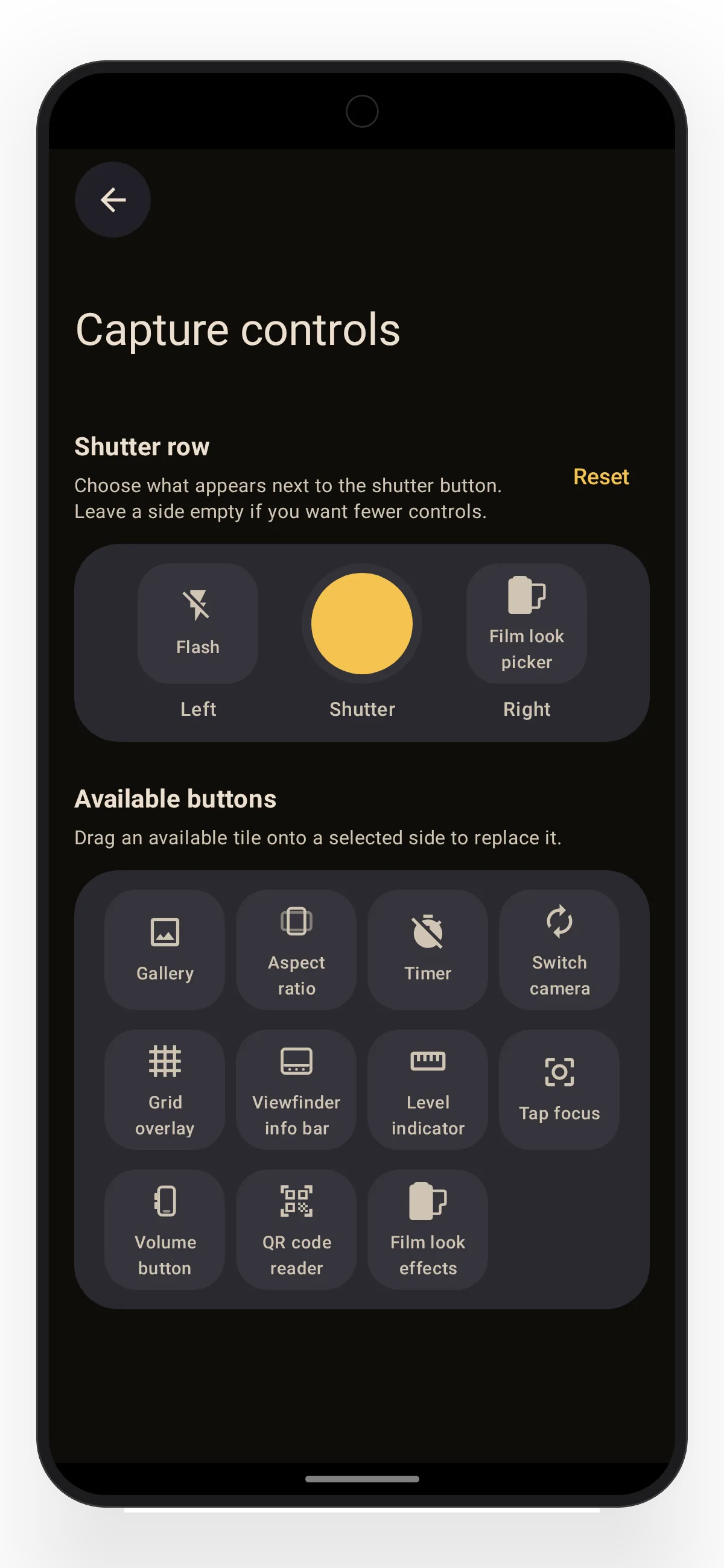 Lvma capture-controls editor showing the controls on each side of the shutter.