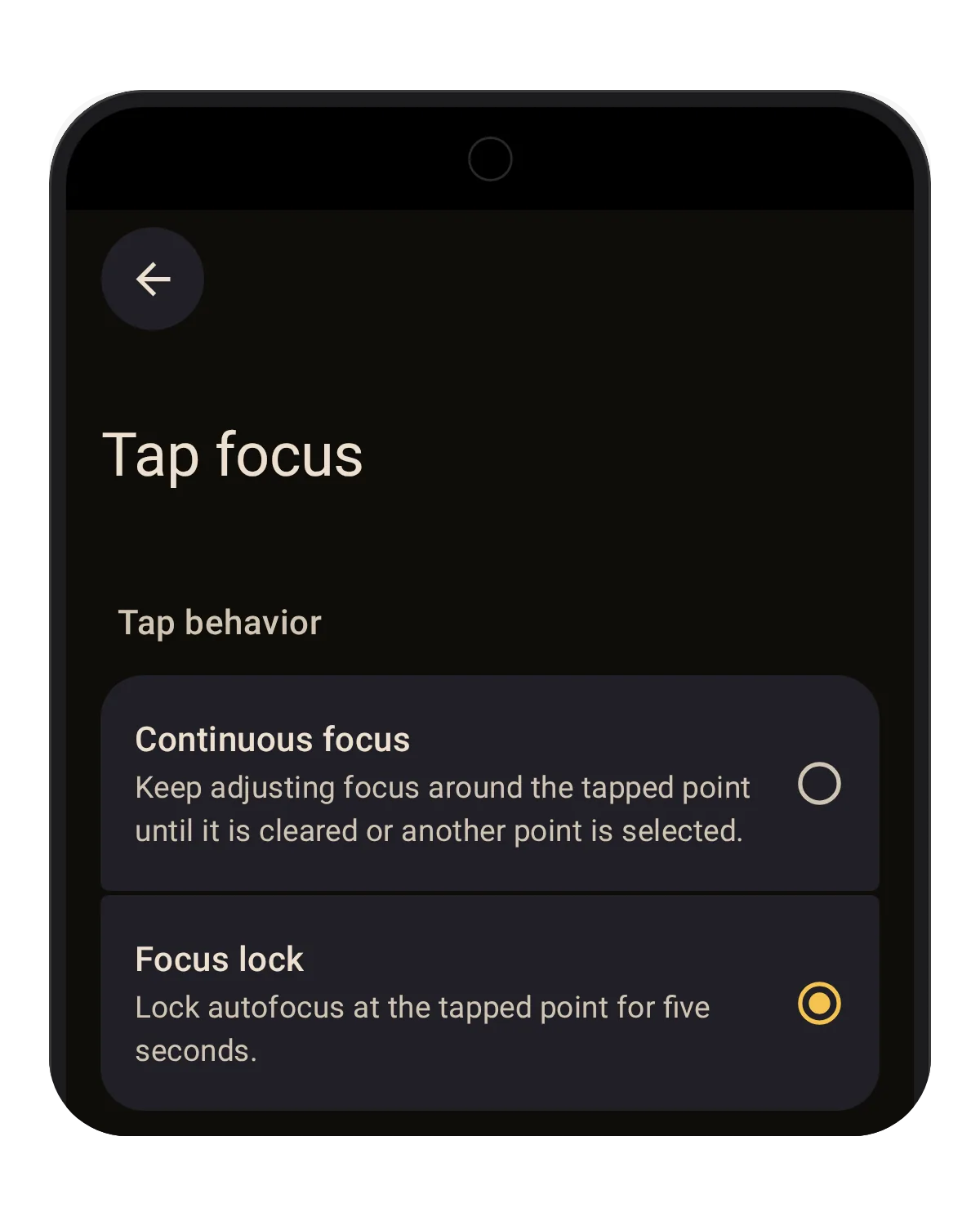 Lvma Tap focus settings showing Continuous focus and Focus lock.