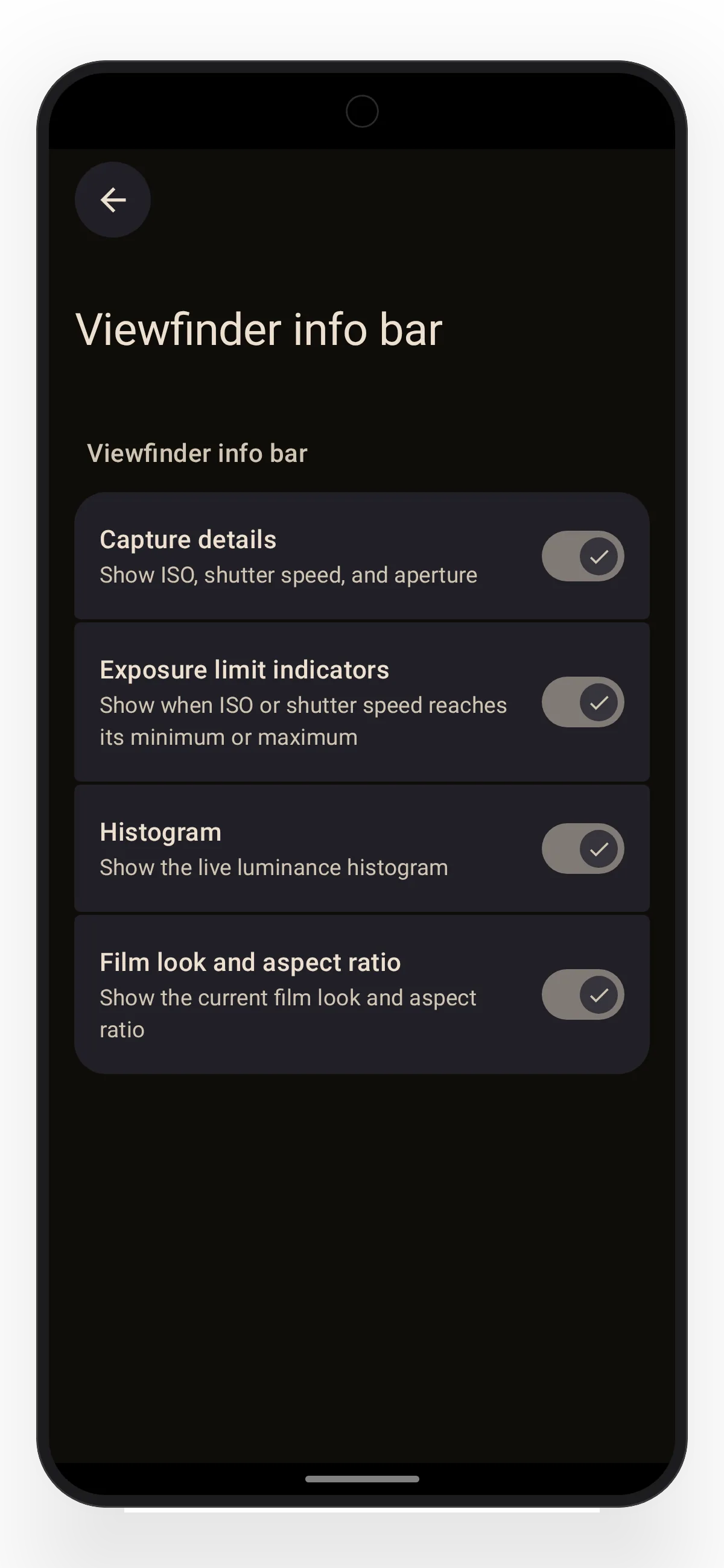 Lvma Viewfinder info bar settings with capture details, exposure limits, histogram, and film look information enabled.