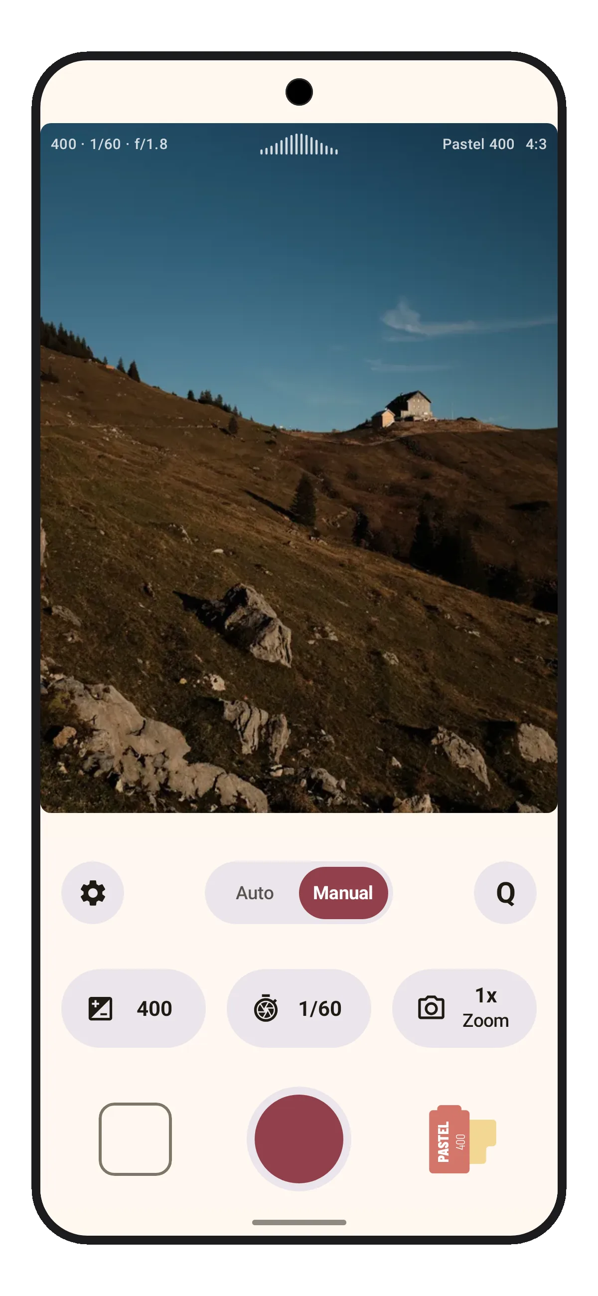 Lvma camera using the Light theme, Crimson accent, Hard-stop gradient controls, and visible camera values.