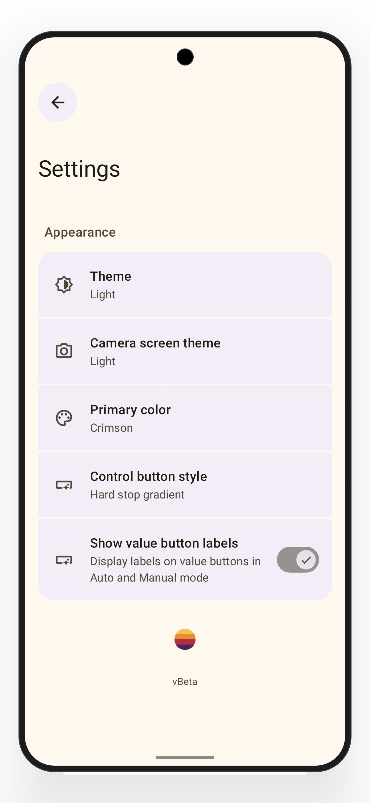 Lvma Appearance settings showing the Light app and camera themes, Crimson color, Hard-stop gradient controls, and value labels.